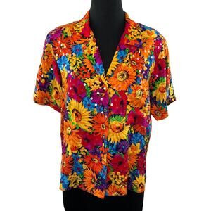 VTG Classics ANNE KLEIN Sequin Daisy Floral Silk Button-Up Short Sleeve Top 12